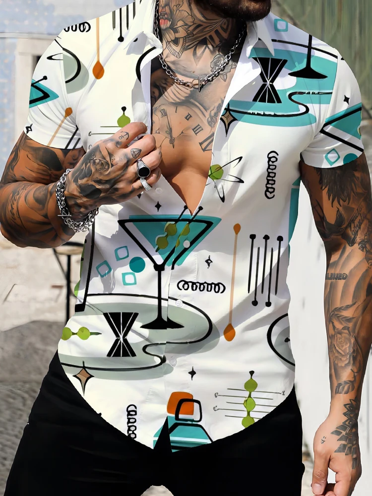 Camisa de manga corta con estampado 3D de copa de vino de dibujos animados creativos para hombre, estilo Harajuku, camisa informal cómoda para exteriores de verano