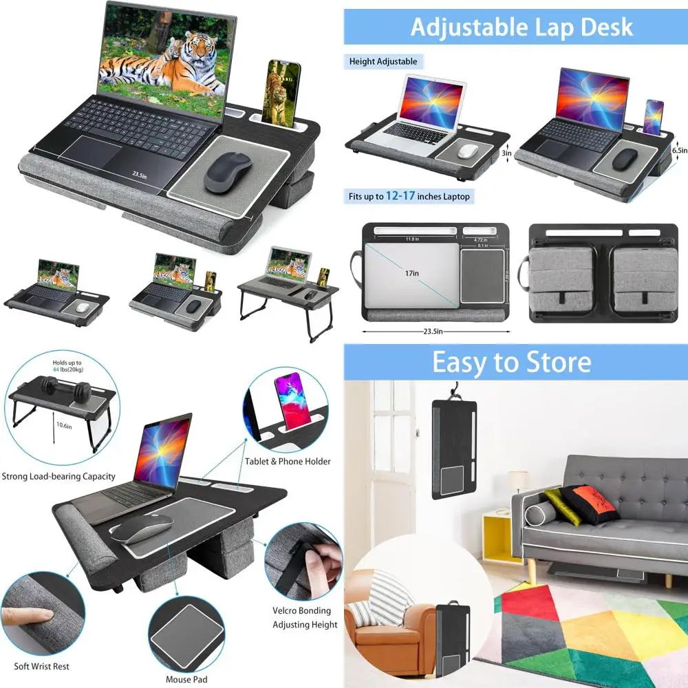 مكتب كمبيوتر محمول قابل للتعديل مع وسادة لـ 17 كمبيوتر محمول، استخدام السرير والأريكة، طاولة مكتب قابلة للطي للبالغين، مريحة وكومبا