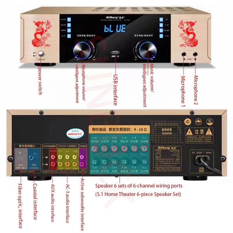 Sunbuck AV1606 Home Professional عالي الطاقة 5.1 قناة محيطة كاريوكي بلوتوث KTV مضخم صوت جهير ثقيل