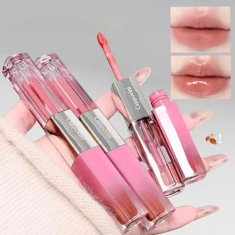 Brillo de labios femenino rosa de doble punta, suave y sedoso, mate, esmalte de labios, espejo, aceite de labios, lápiz labial en capas, maquillaje de larga duración