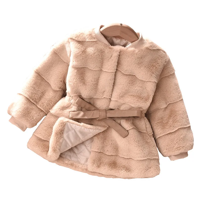 Autumn and Winter Girls\' New Solid Color Waist Cinching Fashion Party Runway Windproof Warm Long Sleeved Fuzzy Cotton Jacket