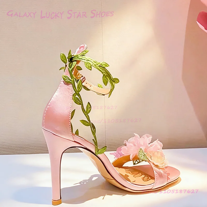 

Pink White Silk Floral Appliqu Green Leaf Strappy Sandals Girls Cute Open Stiletto Heel Satin Round Elegant Vacations Beach Shoe
