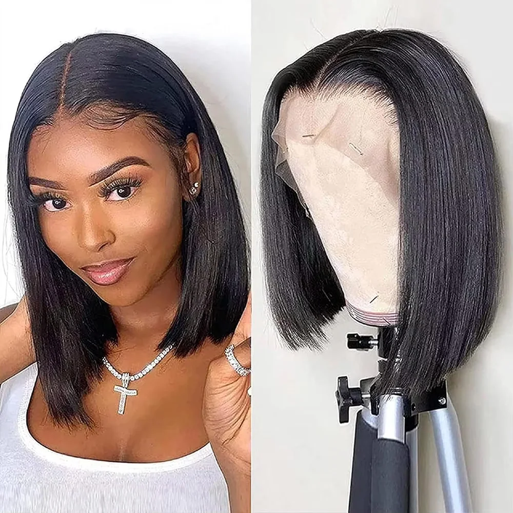 

Straight Bob Human Hair Wig Natural Black 13x4 HD Lace Frontal Human Hair Bob Wig 16 Inches 200 Density Human Hair Bob Wigs