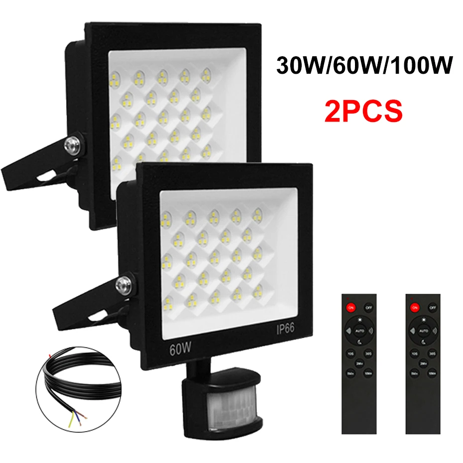 2pcs PIR Motion Sensor LED Floodlight 100W/60W/30W AC220V Waterproof IP66 Outdoor Spotlight 6500K Lighting for Building Exterior