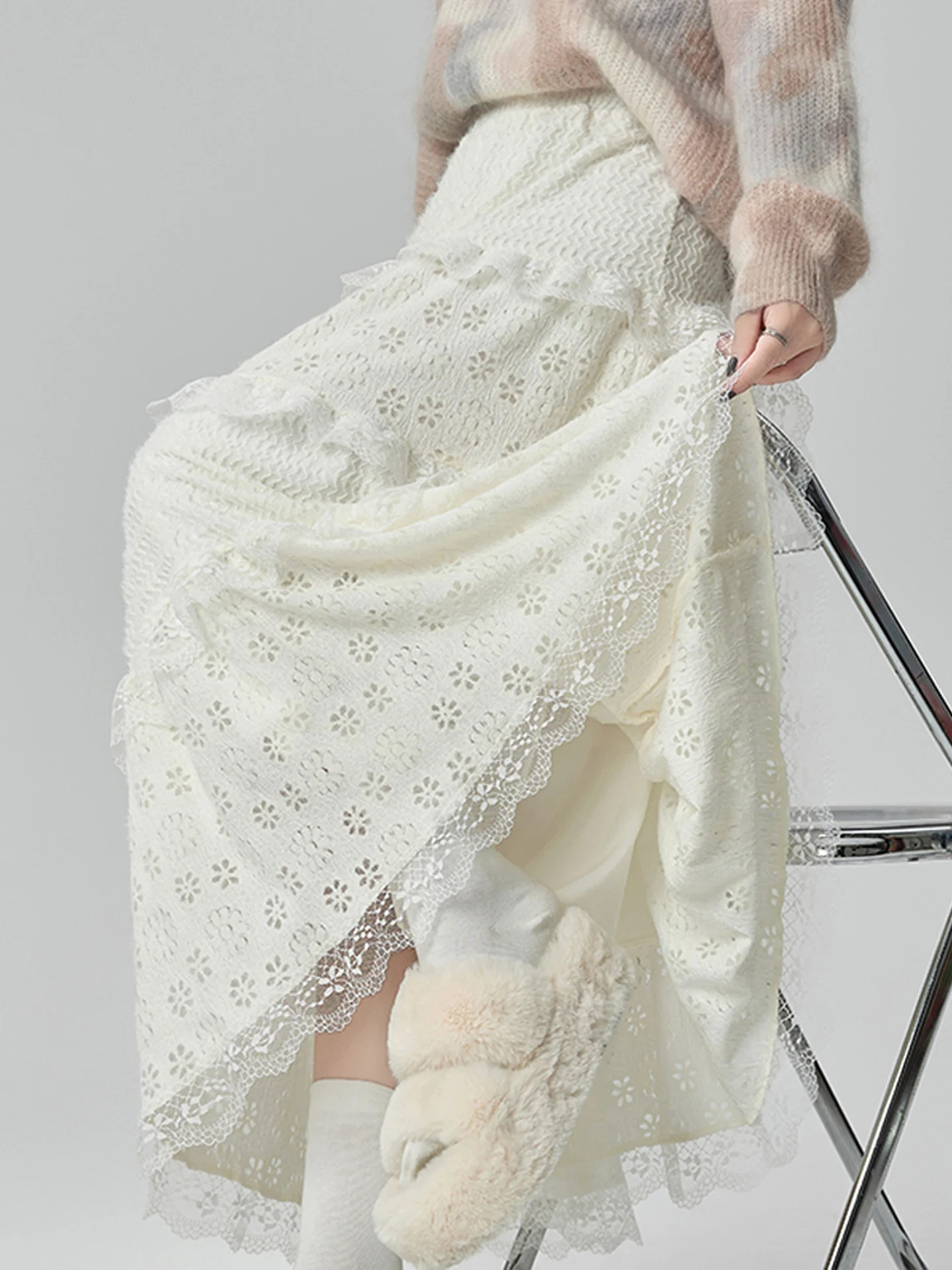 Baletowa Spódnica z Koronką i Wycięciami, Damska, Jesienno-Zimowa, Nowa, W Stylu Fairy, Spódnica T, Spódnica z Wysokim Stanem, Spódnica w Kształcie Litery A, Spódnica Tortowa