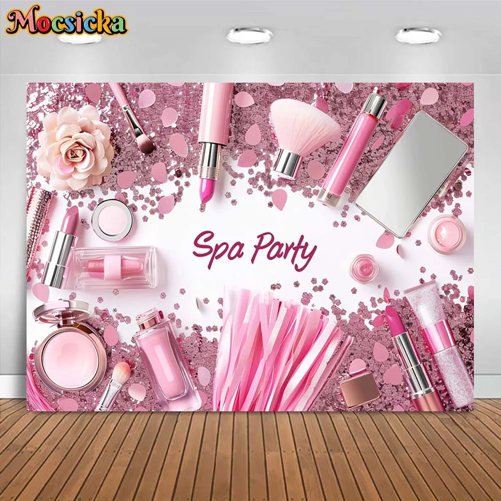 Mocsicka Spa Party Backdrop Pink Sequins Cosmetics Make Up Girls Pajama Party Decorations Women Birthday Background Photo Studio