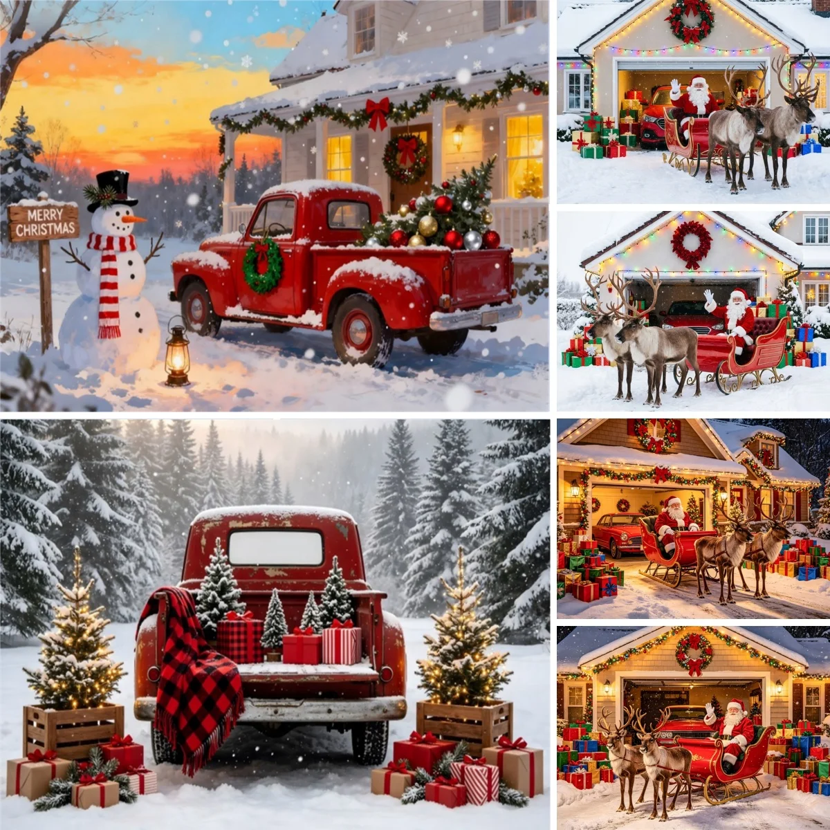 Yeele Christmas Photography Background Winter Snow Red Truck Reindeer Pull Santa's Gifts Outdoor Decoration Shooting Backdrop