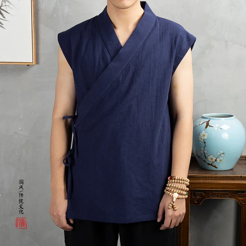 Linen cotton sleeveless Jacket mens tang suit Kimono Cardigan Male Open Stitch Coat Traditional Chinese Clothing  Hanfu Men