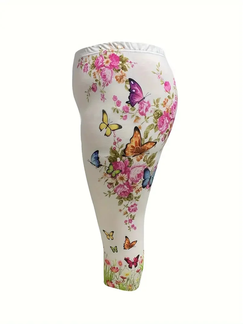 Floral print stretch slim elastic waist tight casual leggings capri pants for women