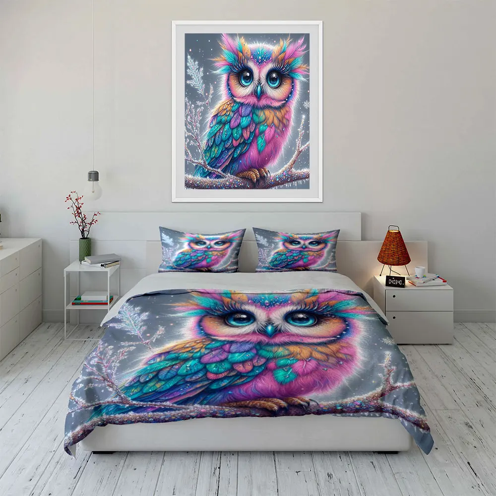 Vivid-feathered owl perched on icy branch Duvet Cover Set with 3D Printing Design Soft Polyester Bedding Set All-Season Comfort