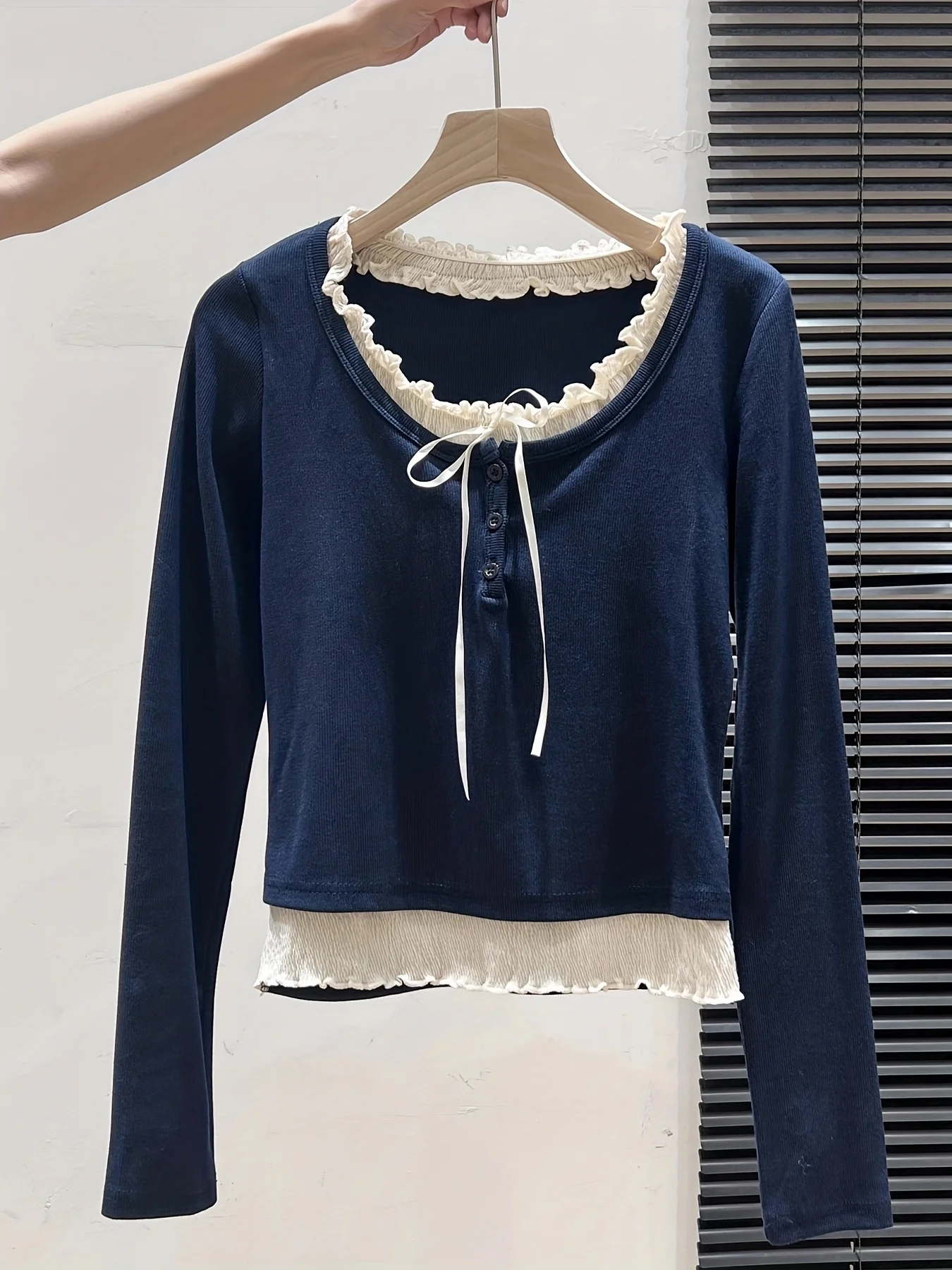Women's Long-Sleeve T-Shirt with A Round Neck, Faux Two-Piece Design, Bow Tie, and Ruffled Hem view 3