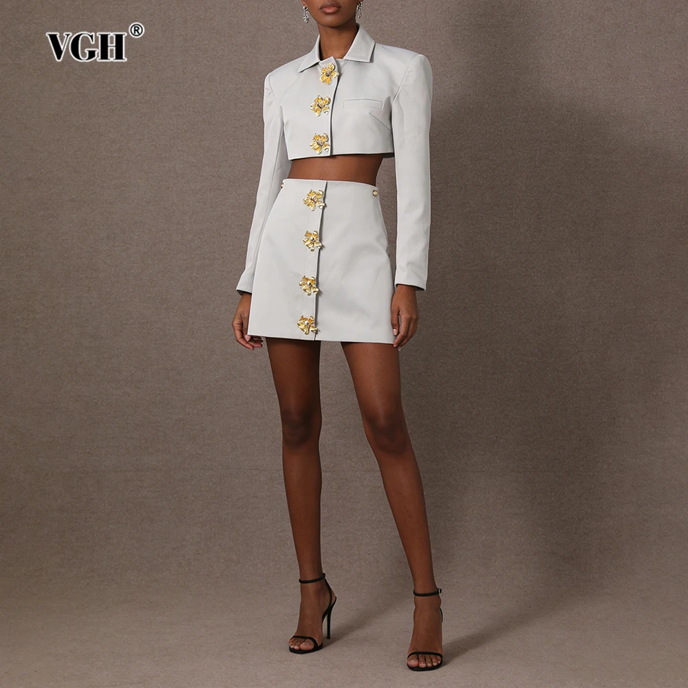 

Женский комплект VGH во французском стиле: топ с отложным воротником и длинными рукавами, юбка с завышенной талией, аппликации, шикарный комплект для женщин