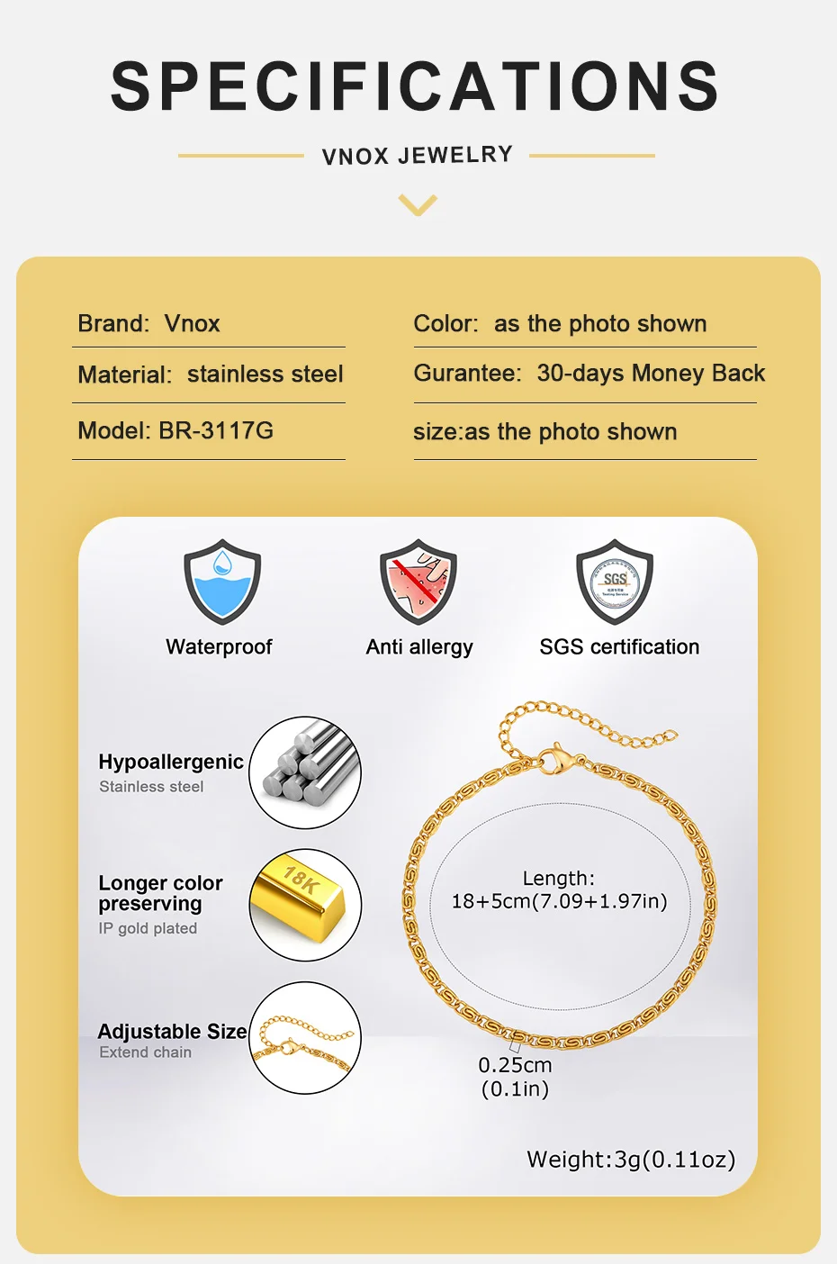 Vnox Edelstahl-Armband mit Paperclip-Kettengliedern in Gold- und Silberfarbe für Herren, verstellbar 18–23 cm, 2,5 mm Breite, Punk-Schmuck, Geschenke – Detail 4