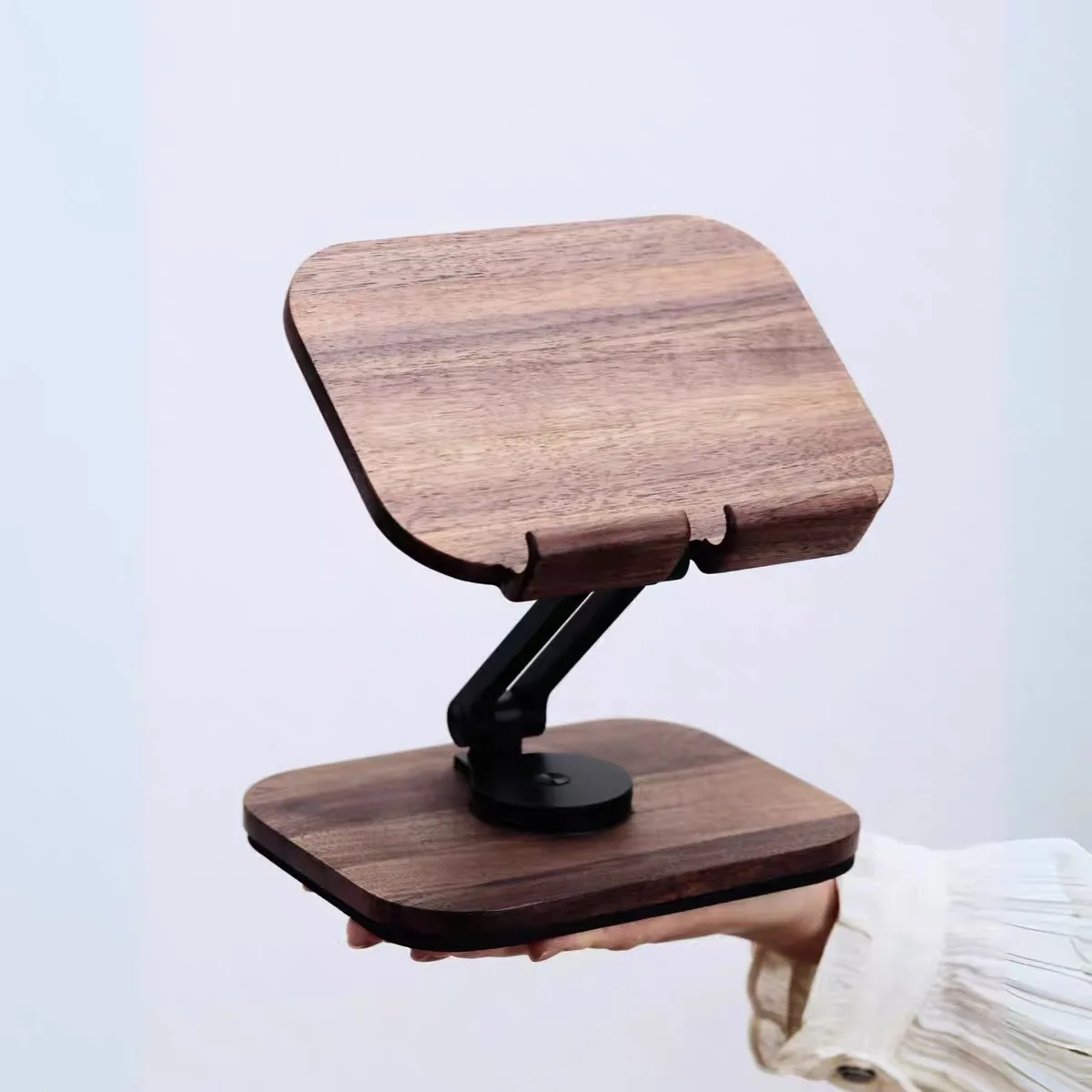 Black walnut wooden flat plate / mobile phone stand, solid wood mobile phone stand with adjustable height for bedroom use.