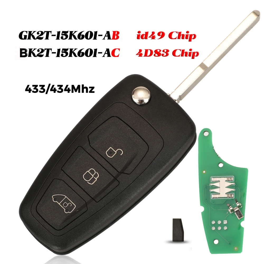 jingyuqin GK2T-15K601-AB  BK2T-15K601-AC ID49/4D83 Chip 433Mhz Flip Remote Car KeyFor Ford Tourneo Custom 2015- FOB 3 Buttons