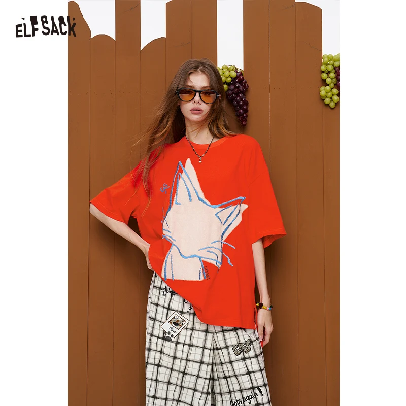 

ELFSACK Abstract Cat Print Oversized T-Shirt, Half Sleeve Loose Tee, Casual Streetwear Top for Women