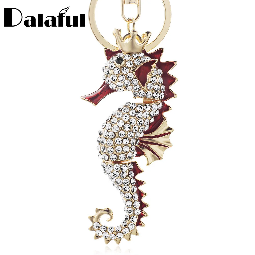 Dalaful Hippocampus Keyrings Keychains Seahorse Enamel Crystal Cute Pendant For Car Key Chains Rings Women Jewelry K315