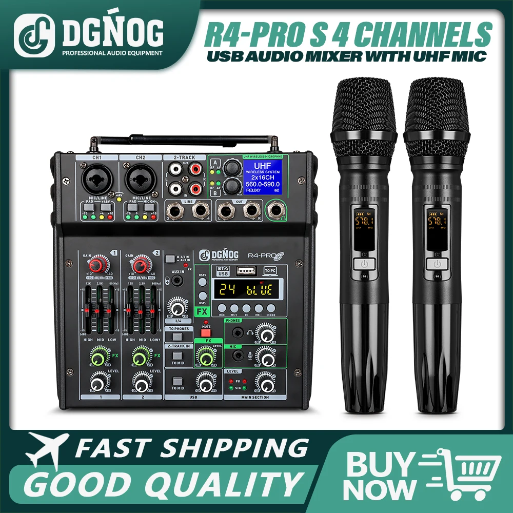 DGNOG Dual UHF Wireless Microphone DJ Audio Mixer 4 Channel Mixer Karaoke Mixer USB Bluetooth for Computer Recording Studio