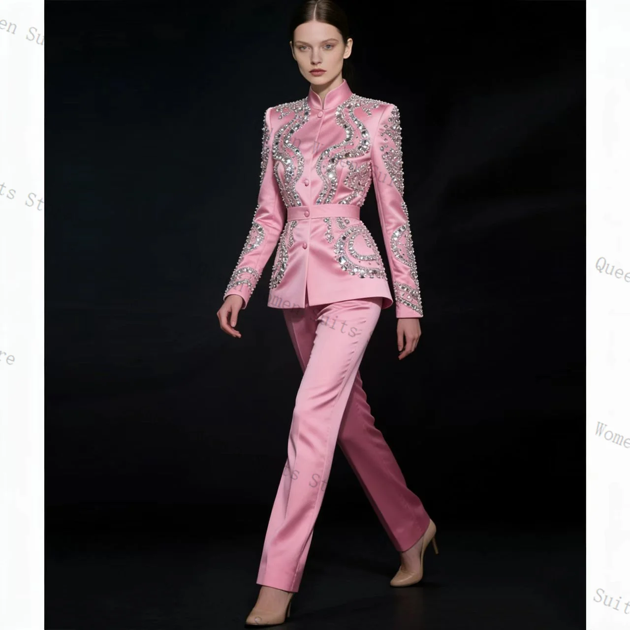 

Satin Pink Spring Women Suit Set 2 Pcs Blazer Pants Crystals Outfit Prom Formal Office Lady Jacket Wedding Coat Customized