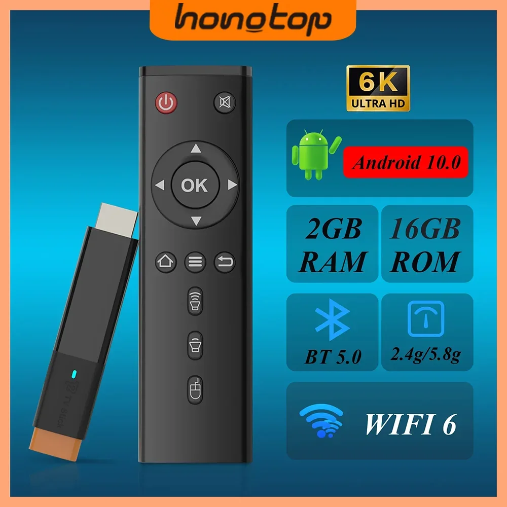 HONGTOP T2Mini Android TV Stick Android 10 6K HD 2.4G&5G Wifi6 Smart TvBox بلوتوث مشغل الوسائط Type-C TV استقبال فك التشفير