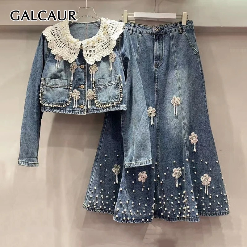 

GALCAUR Cowboy Spliced Appliques Two Piece Sets for Women Peter Pan Collar Long Sleeves Top Skirt Patchwork Bead Set Female New