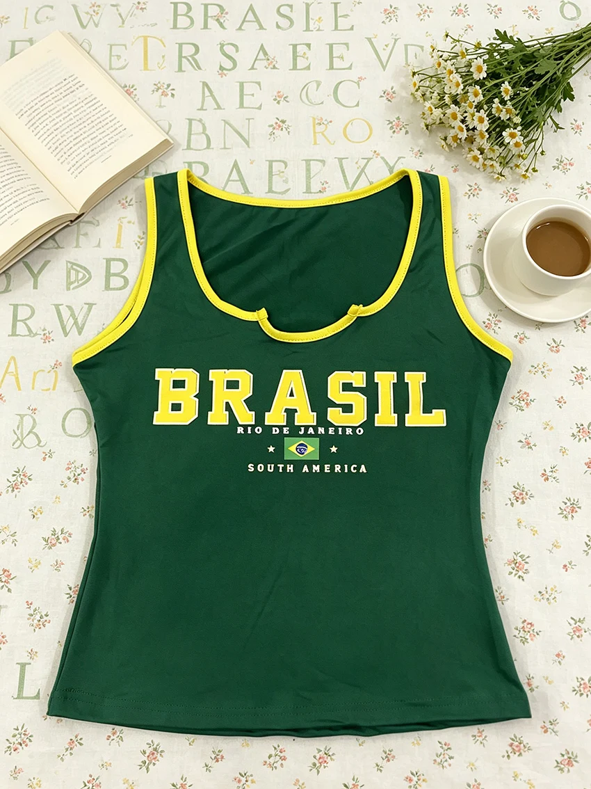 Y2K Women Brasil Rio De Janeiro Letter Print Tank Tops Fashionable Yellow Contrast Trim U Notch Neck Slim Green Crop Sport Cami
