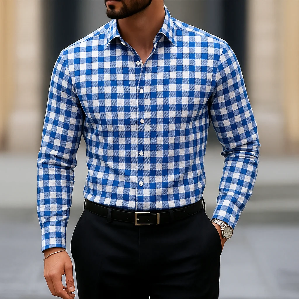 Men Long‑Sleeve Button‑Down Shirt Retro Geometric Triangle Mosaic Full Print Polyester Lapel Collar Casual Party Top