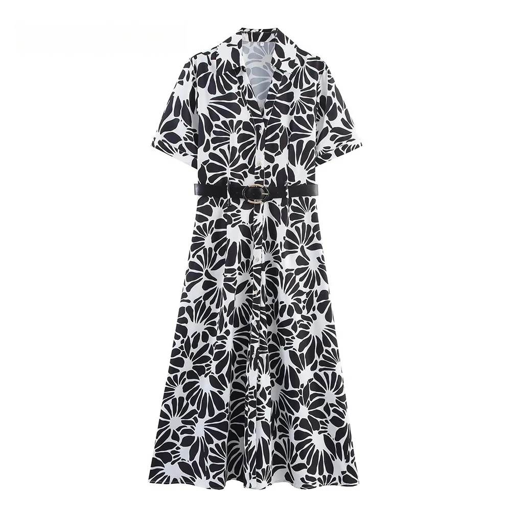 KONDALA Vintage Print Floral Elegant Belt Woman Dress Turn-down Collar Button Dress Fashion Short Sleeve Holiday Shirt Vestidos