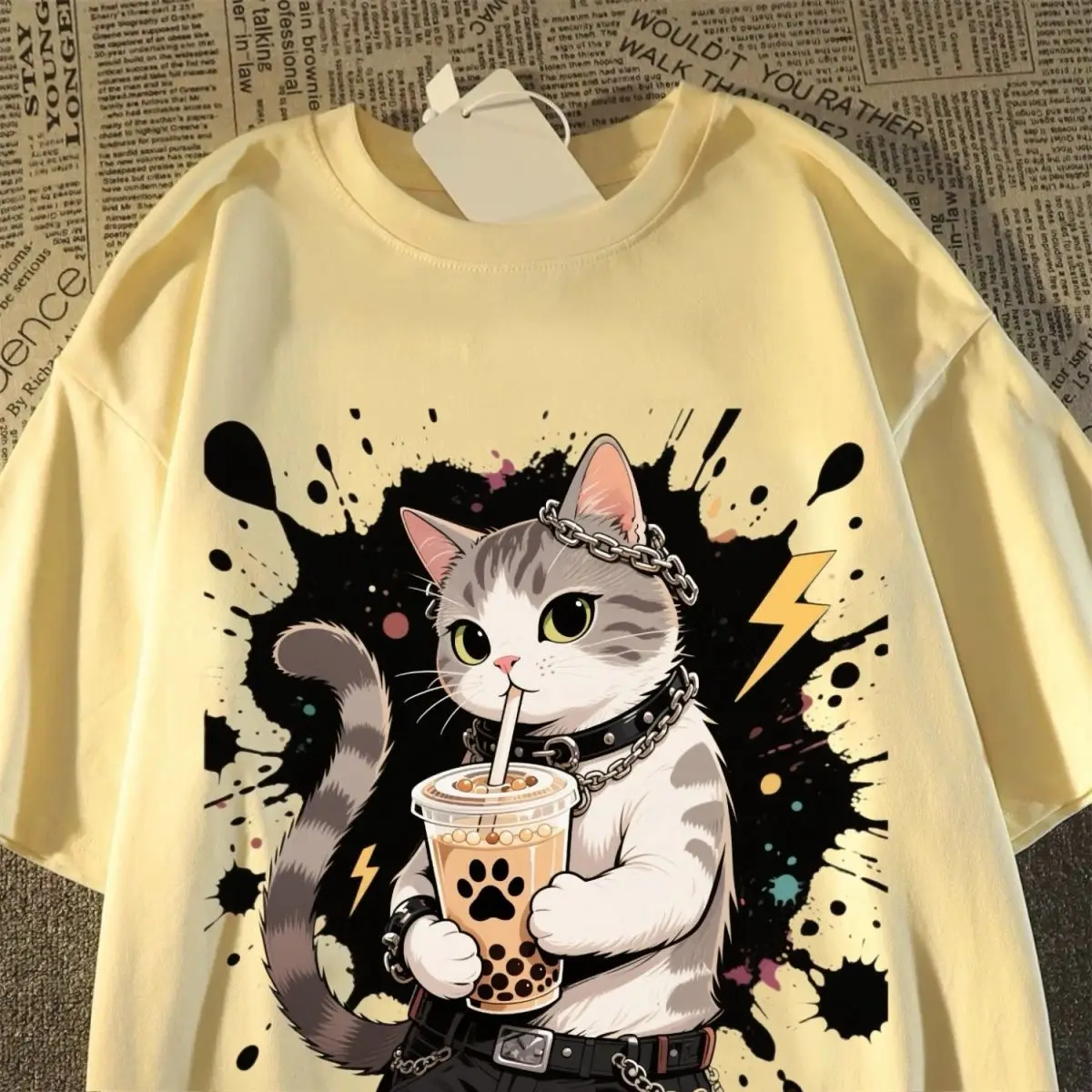 تي شيرت نسائي صيفي جديد مطبوع عليه قطة رائعة تي شيرت أمريكي بأكمام قصيرة عصري