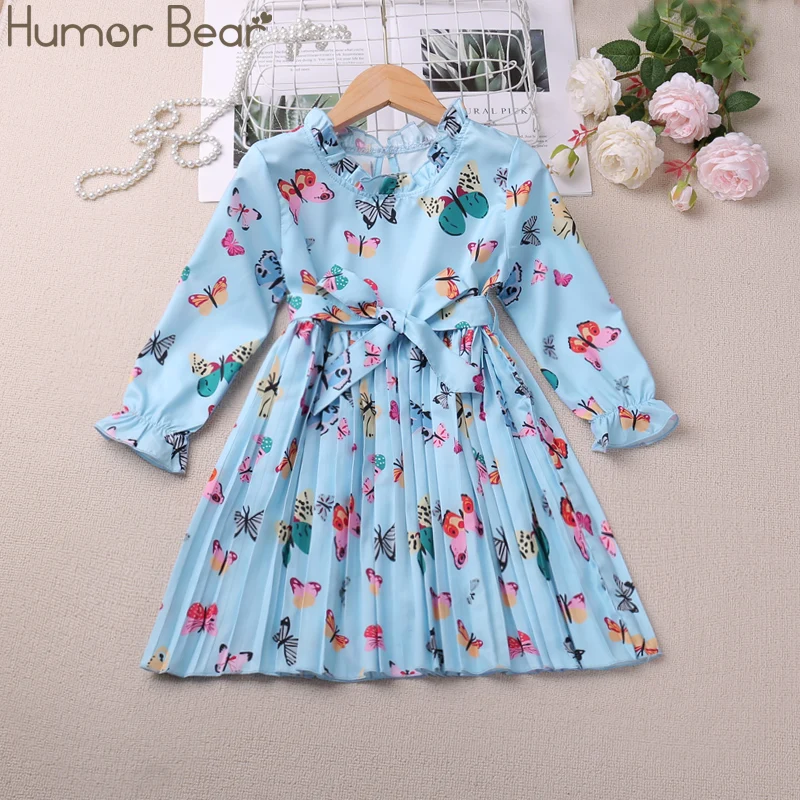 Humor Bear New Girls' European and American Dress with Fragmented Flower Bow Knot Sweet Style children's clothing