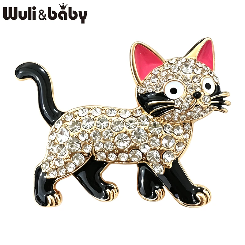 Wuli&baby Cute Cat Brooches For Women Men 2-color Enamel Rhinestone Walking Kitty Animal Party Casual Brooch Pins Gifts
