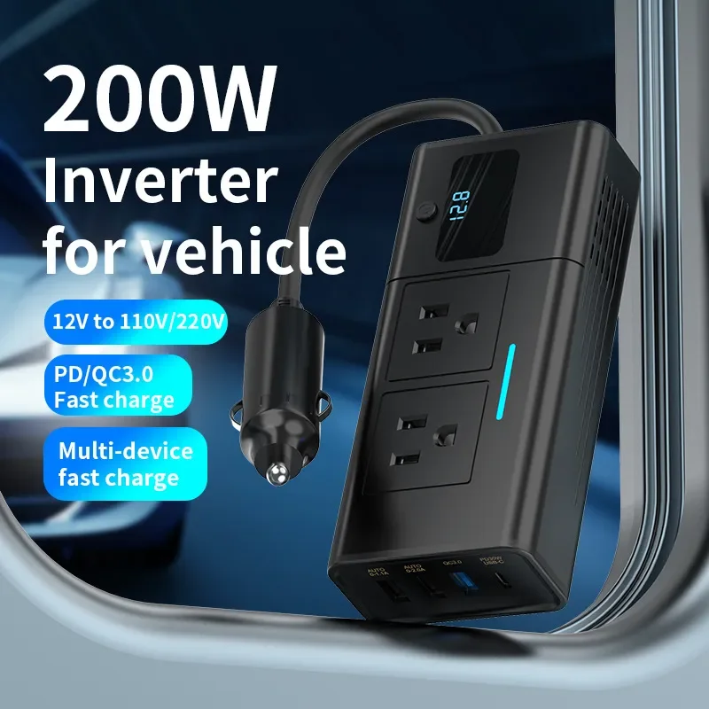 200W Car Power Inverter, DC 12V to AC 110V, Dual US Standard AC Outlets, with QC3.0 USB & PD Fast Charging Ports