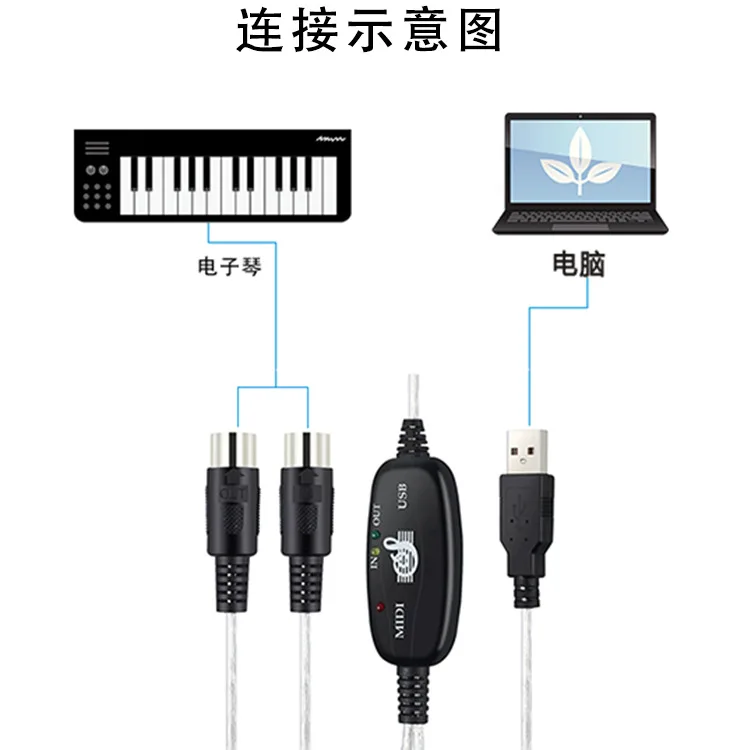 USB IN-OUT MIDI Cable Converter PC To Music Keyboard Adapter Cord