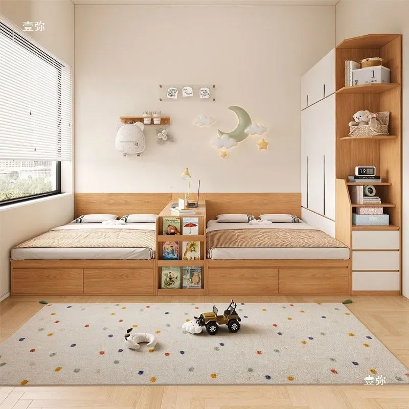 Children Double Bed with Partition Tatami Storage Twin Beds for Two Kids Bedroom Pull Out Desk Space Saving Furniture