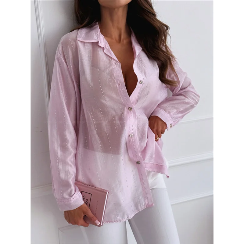 

НОВИНКА-Женская прозрачная сетчатая рубашка на пуговицах, однотонная блузка с длинными рукавами Hot Diamond