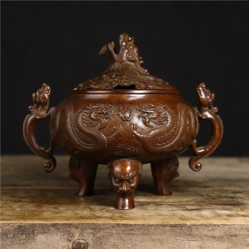 Exquisite Suzhou-style brass incense burner with double dragon animal feet, antique collectible, decorative piece for home, stud