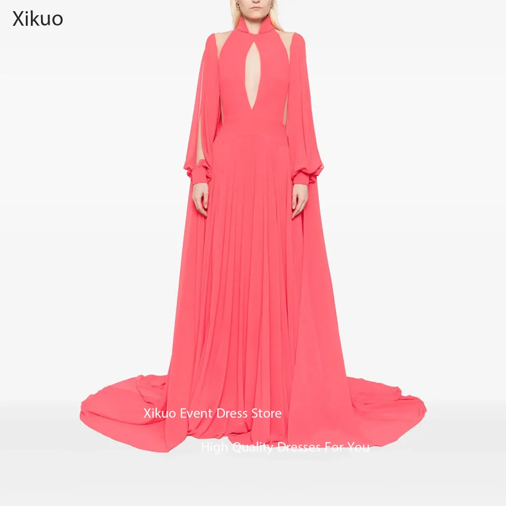 

Xikuo Cut Out A Line Evening Dress Coral Chiffon Long Sleeves 2025 Party Dresses High Neckline Vestidos De Fiesta Customized