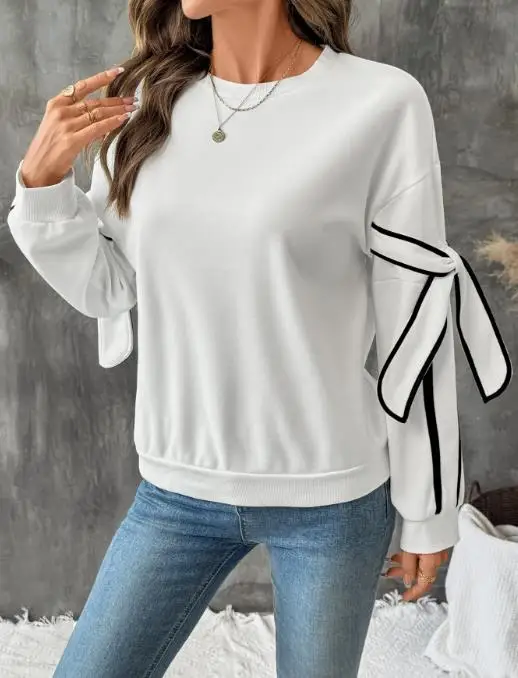 

Women's Sweatshirts 2025 Spring Autumn New Contrasting Round Neck Long Sleeved Loose Fit Casual Daily Pullover Sweatshirts