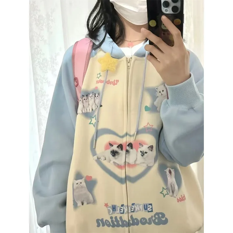 American Retro Cat Print Hoodie Autumn Winter New Kawaii Color Contrast Top Oversized Loose Youthful Women's Casual Clothing