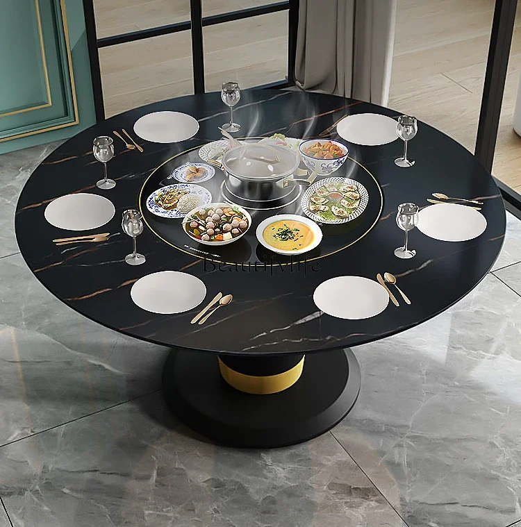 Slate dining table household modern simple light luxury multi-functional induction cooker round