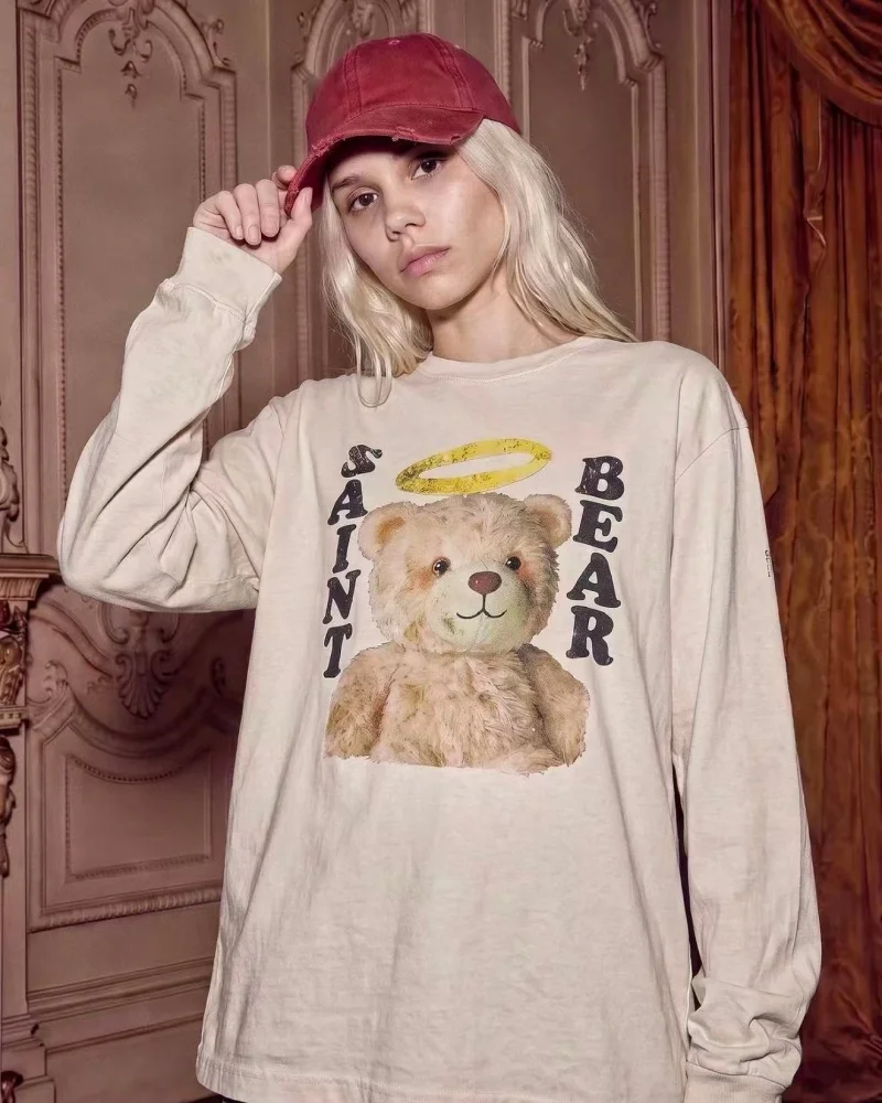 27SS High Street False Perception Angel Bear Round-Neck Fall Men Women Washed Cotton Premium Long-Sleeve T-Shirt