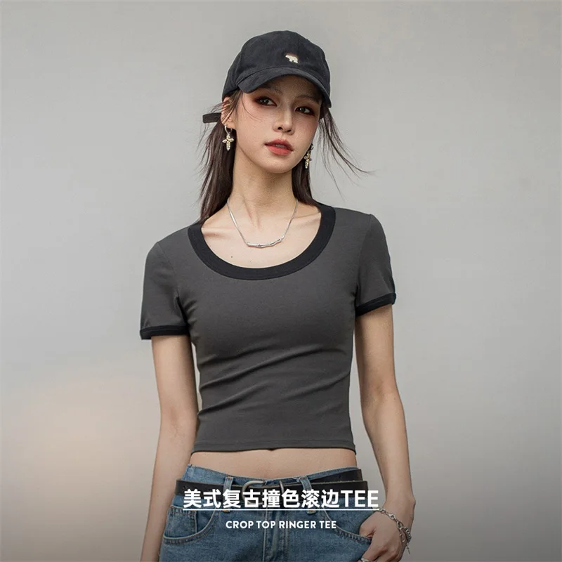 Maden Contrasting Color Slim O-Neck T-Shirt for Women Summer Short Top Gray Green Basic Short Sleeve Women Tees T Shirt