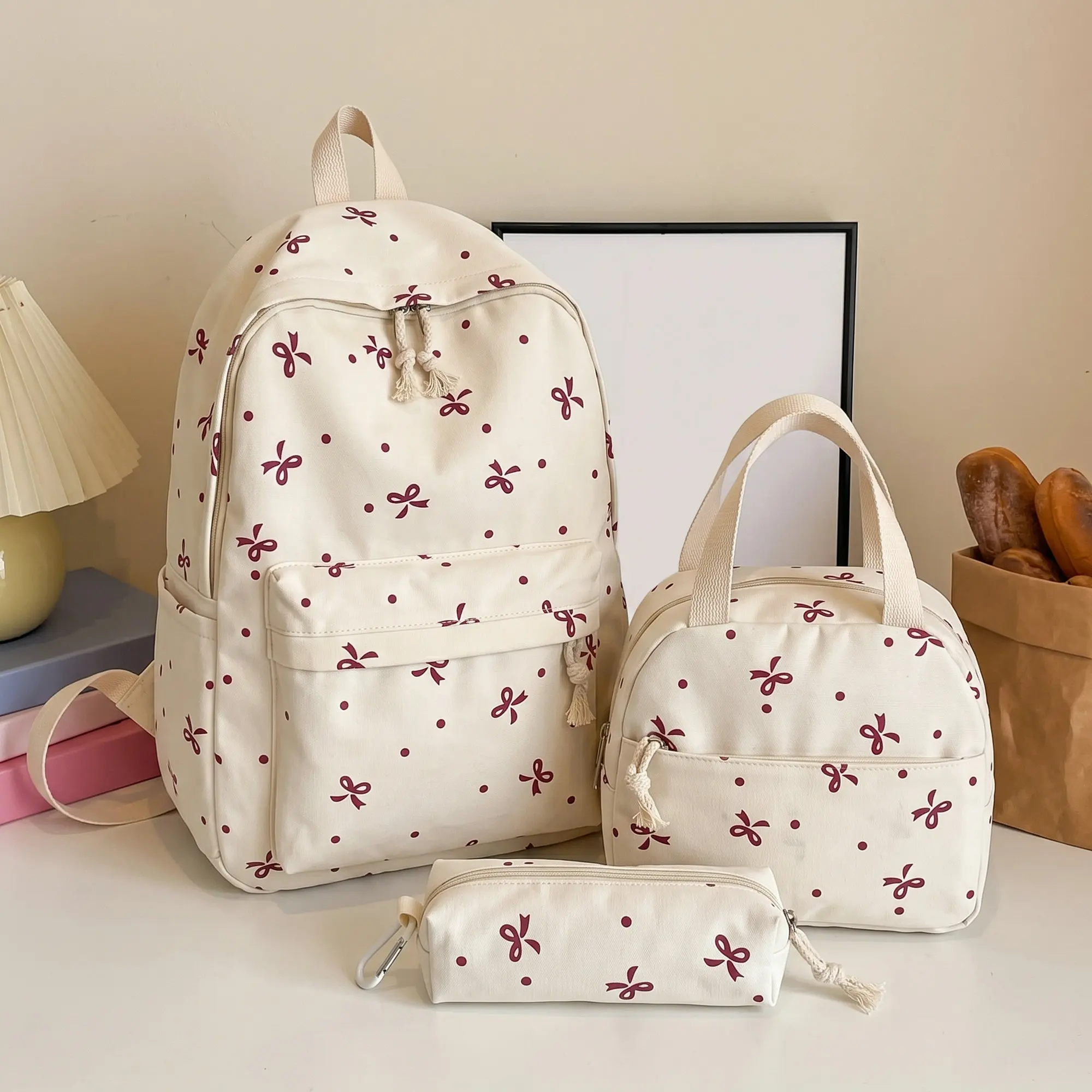 Women's Large Capacity Double Shoulder Backpack with Bow Print and Polka Dot Accents, 3-Piece Travel School Commuter Set, Multi-Purpose Storage for Daily Essentials and Lunch