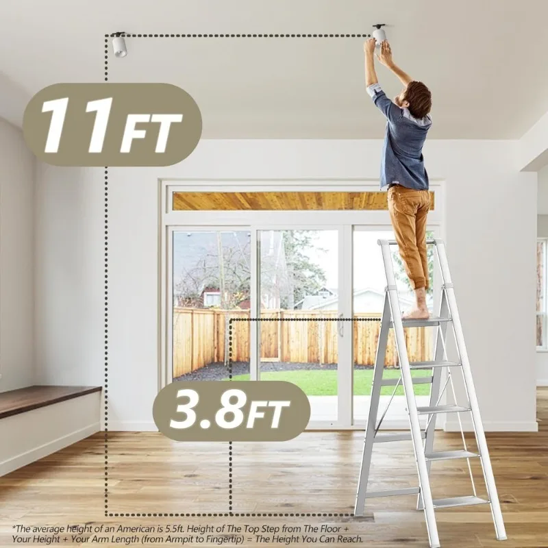 سلم ذو 5 خطوات، مقعد قابل للطي، سلم أبيض قابل للطي لسقف عالي 10 أقدام مع قوي عريض مضاد للانزلاق - توصيل مجاني #3