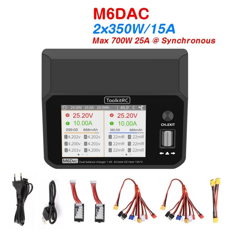 2025 M6dac Dual Channel Smart Lipo Battery Charger Discharger AC 200W DC 350WX2 15A for 1-6S LiHV Lipo Battery PD 65W