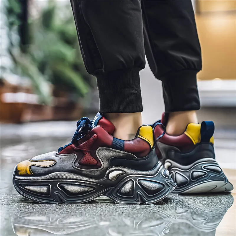 أحذية رجالية جديدة عالية الجودة ذات نعل سميك وأربطة أحذية رياضية فاخرة ومريحة مع ربط من الجلد