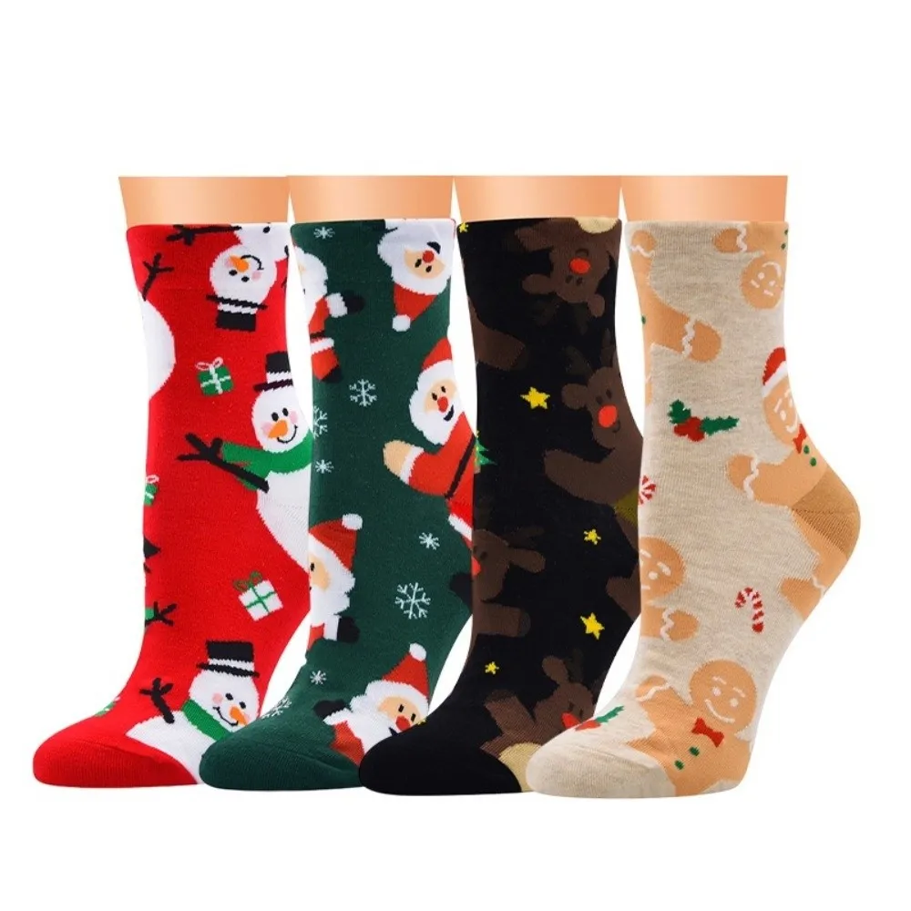 12pcs Cartoon Red Christmas Socks Snowman Santa Claus Crew Socks Elk Floor Sleeping Socks Festive