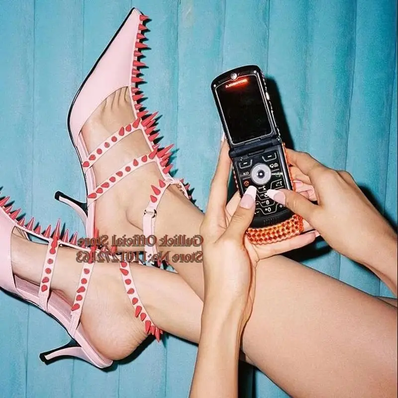 

Kitten Heels Studded Strappy Sandals Pink Black White Pointed Toe Patent leather T-bar Straps Rivets Spikes Shoes