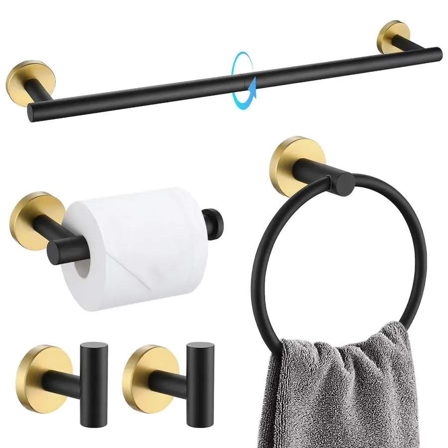 

Набор аксессуаров для ванной комнаты черно-золотого цвета, 5 предметов, круглый держатель для полотенец из нержавеющей стали, 23,6 дюйма, настенные полотенцедержатели для ванной комнаты
