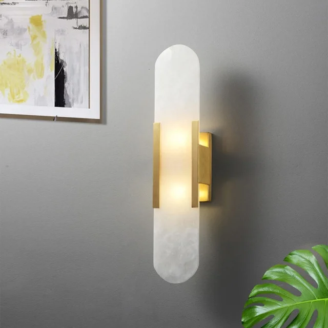 Postmodern Designer Bedroom Wall Lamp Creative Natural Marble for Living Room Study Bedside Golden Iron LED Hardware Included